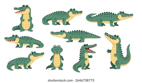 flat style illustration of various green crocodiles and alligators in different poses, showcasing their smiles and sharp teeth, suitable for children's designs