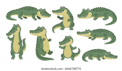 ilustração de estilo plano de vários crocodilos verdes e jacarés em poses diferentes, mostrando seus sorrisos e dentes afiados, adequado para desenhos infantis
