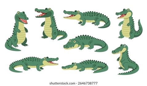 flat style illustration of various green crocodiles and alligators in different poses, showcasing their smiles and sharp teeth, suitable for children's designs