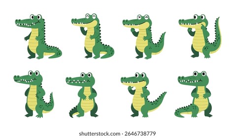 ilustração de estilo plano de vários crocodilos verdes e jacarés em poses diferentes, mostrando seus sorrisos e dentes afiados, adequado para desenhos infantis