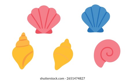 Ilustração em estilo plano de várias conchas marinhas, incluindo espiral, concha e tipos de vieiras. Perfeito para projetos de decoração e design com temas de praia, mar, oceano ou verão