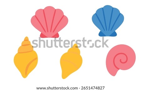 Flat style illustration of various sea shells, including spiral, conch, and scallop types. Perfect for beach, marine, ocean, or summer-themed design and decoration projects