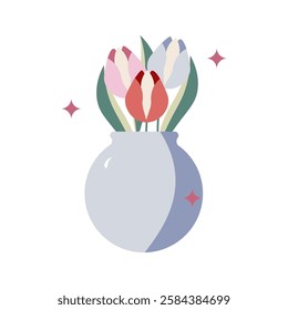 Flat style illustration of a vase with tulips, symbolizing beauty, elegance, and nature. Perfect for floral decor, interior design, and seasonal themes.