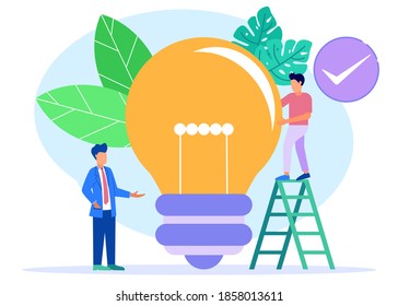 Flat style illustration vector, business concept for teamwork, looking for new solutions, 2 business people around the light bulb looking at each other for ideas - Vector.