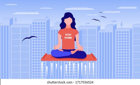 Flat style illustration. vector image. The girl sits on a mat for yoga meditation and Karimatha, and puzzles over the city. stay home t-shirt.
