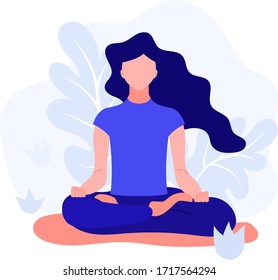 Flat style illustration. vector image. The girl sits in a lotus position and meditates, does yoga.