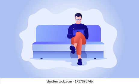 Flat style illustration. Vector image. The guy sits at home in quarantine and works remotely, draws on the tablet.
