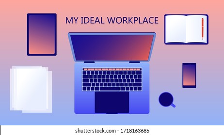 Flat style illustration. vector image. My perfect workplace. On the table are a laptop, tablet, phone, diary, pen, table, mug, coffee,