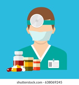 Flat style illustration. Vector illustration. Ophthalmologist with head mirror. Icon isolated on background. 