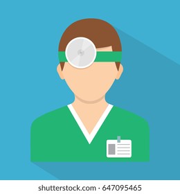 Flat style illustration. Vector illustration. Ophthalmologist with head mirror. Icon isolated on background. 