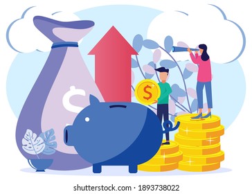 Flat style illustration vector, piggy bank on white background, financial services, saving or raising money, business growth has increased sharply.