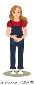 Flaches Beispiel. Vektorgrafik. Schwangere, die ihren Bauch mit den Händen berührt.