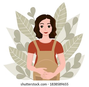 Flat style illustration. Vector. Pregnant girl touching her belly with her hands. There are leaves in the background.