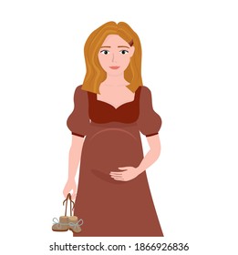 Flat style illustration. Vector. Pregnant girl touching her belly with her hand and holding baby booties in the other hand.