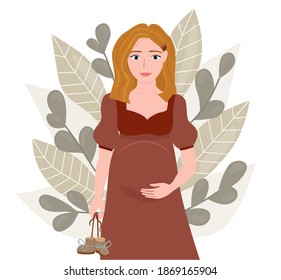 Flat style illustration. Vector. Pregnant girl touching her belly with her hand and holding baby booties in the other hand. There are leaves in the background.