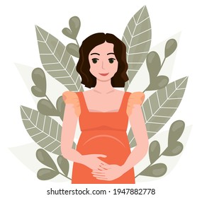 Flat style illustration. Vector. Pregnant woman touching her belly. She is in a orange dress and has short curly hair. There are leaves in the background.