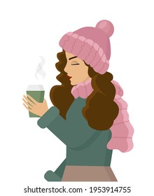 Flat style illustration. Vector. Winter mood. The girl wearing a cardigan, a winter hat and a warm scarf. She holding a cup of hot latte in her hands.