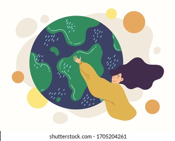 Flat style illustration vector of woman wearing yellow shirt  hugs the earth. love our planet. Save the world, earth day. Thank you to the earth.