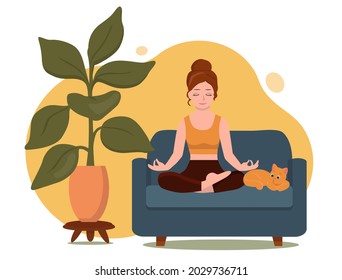 Flat style illustration. Vector. A young girl is meditating in a lotus position on a couch. There is a red kitten next to her. A potted plant with big green leaves stands near the sofa. 