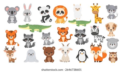 ilustração de estilo plano de uma coleção vibrante de diversos animais de desenho animado, incluindo um tigre, guaxinim, zebra, panda, leão, coala, urso, raposa e várias outras criaturas fofas	