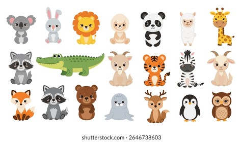 flat style illustration of a vibrant collection of diverse cartoon animals, including a tiger, raccoon, zebra, panda, lion, koala, bear, fox, and various other cute creatures	