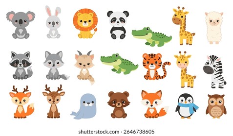ilustração de estilo plano de uma coleção vibrante de diversos animais de desenho animado, incluindo um tigre, guaxinim, zebra, panda, leão, coala, urso, raposa e várias outras criaturas fofas	
