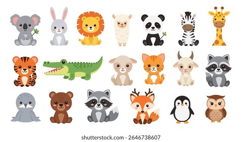 ilustração de estilo plano de uma coleção vibrante de diversos animais de desenho animado, incluindo um tigre, guaxinim, zebra, panda, leão, coala, urso, raposa e várias outras criaturas fofas	