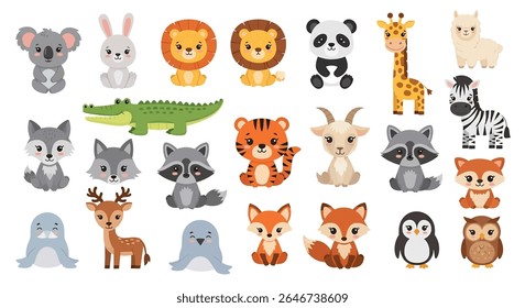 ilustração de estilo plano de uma coleção vibrante de diversos animais de desenho animado, incluindo um tigre, guaxinim, zebra, panda, leão, coala, urso, raposa e várias outras criaturas fofas	
