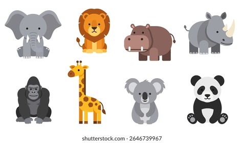 ilustração de estilo plano de uma coleção vibrante de diversos animais de desenho animado, incluindo um tigre, guaxinim, zebra, panda, leão, coala, urso, raposa e várias outras criaturas fofas