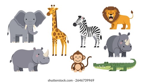 flat style illustration of a vibrant collection of diverse cartoon animals, including a tiger, raccoon, zebra, panda, lion, koala, bear, fox, and various other cute creatures