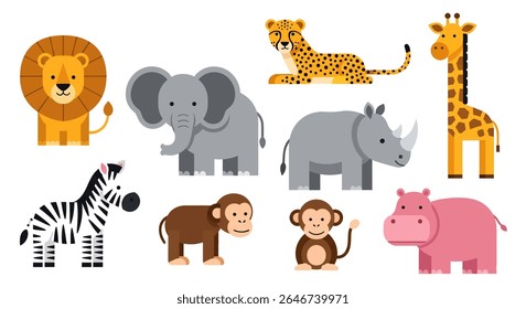 flat style illustration of a vibrant collection of diverse cartoon animals, including a tiger, raccoon, zebra, panda, lion, koala, bear, fox, and various other cute creatures