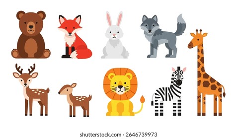 ilustração de estilo plano de uma coleção vibrante de diversos animais de desenho animado, incluindo um tigre, guaxinim, zebra, panda, leão, coala, urso, raposa e várias outras criaturas fofas