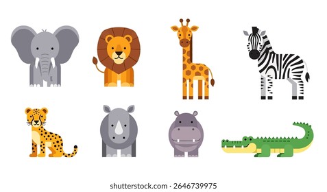 ilustração de estilo plano de uma coleção vibrante de diversos animais de desenho animado, incluindo um tigre, guaxinim, zebra, panda, leão, coala, urso, raposa e várias outras criaturas fofas