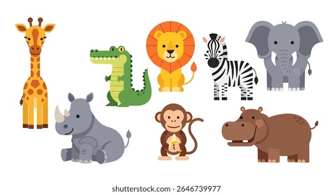 ilustração de estilo plano de uma coleção vibrante de diversos animais de desenho animado, incluindo um tigre, guaxinim, zebra, panda, leão, coala, urso, raposa e várias outras criaturas fofas