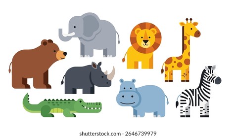 ilustração de estilo plano de uma coleção vibrante de diversos animais de desenho animado, incluindo um tigre, guaxinim, zebra, panda, leão, coala, urso, raposa e várias outras criaturas fofas