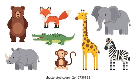 ilustração de estilo plano de uma coleção vibrante de diversos animais de desenho animado, incluindo um tigre, guaxinim, zebra, panda, leão, coala, urso, raposa e várias outras criaturas fofas