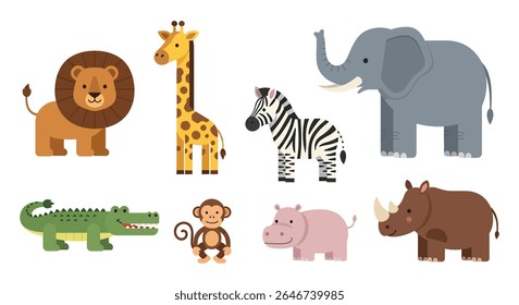 ilustração de estilo plano de uma coleção vibrante de diversos animais de desenho animado, incluindo um tigre, guaxinim, zebra, panda, leão, coala, urso, raposa e várias outras criaturas fofas