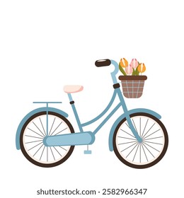 Flat style illustration of a vintage bicycle with a basket of tulips, ideal for spring themes, floral decorations, and travel-related designs.