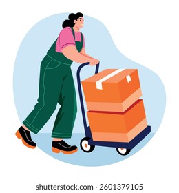 A flat style illustration of a warehouse worker pushing a handcart 