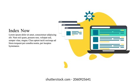 Flache Illustration von Webseiten-Indexierung in Suchmaschinen durch Index jetzt API kann in Bannern, Infografiken, Landing-Seiten und Präsentation verwendet werden.