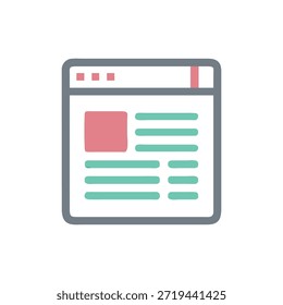 Flache Illustration eines Webseiten-Layouts mit stilisierten Inhaltsblöcken und Textzeilen auf einfarbigem weißem Hintergrund.