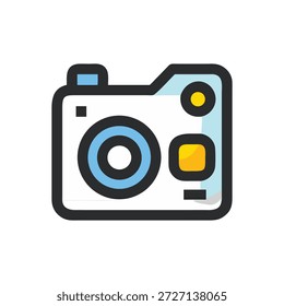 Ilustración de estilo plano de una cámara blanca con acentos azules y amarillos sobre un fondo blanco, diseño simple.