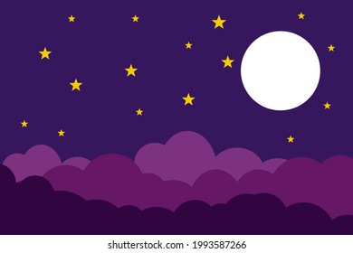 Flat style illustration white moon, yellow  stars and violet clouds background design. Good to use for banner, social media template, poster and flyer template, etc.