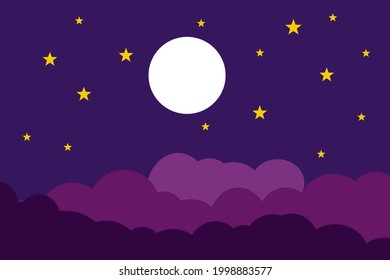 Flat style illustration white moon, yellow  stars and violet clouds background design. Good to use for banner, social media template, poster and flyer template, etc.