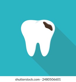 Ilustración de estilo plano de un diente blanco con una cavidad con un agujero. Icono de Vector para el cuidado dental.