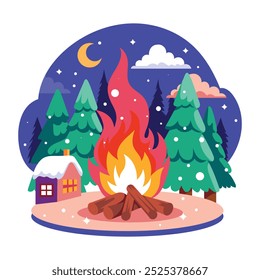 A flat style illustration of winter bonfire 