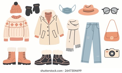 Flat style illustration of winter clothes and accessories including sweater, boots, gloves, scarf, jeans, coat, hat, and more. Perfect for seasonal fashion, cozy style, or travel designs.