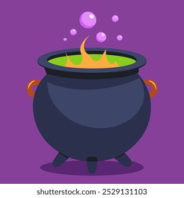 Flat style illustration of a witch's cauldron, bubbling with a magical potion, perfect for Halloween