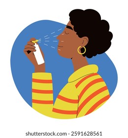 A flat style illustration of a woman applying face mist