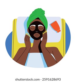 A flat style illustration of a woman applying facial mask on her face